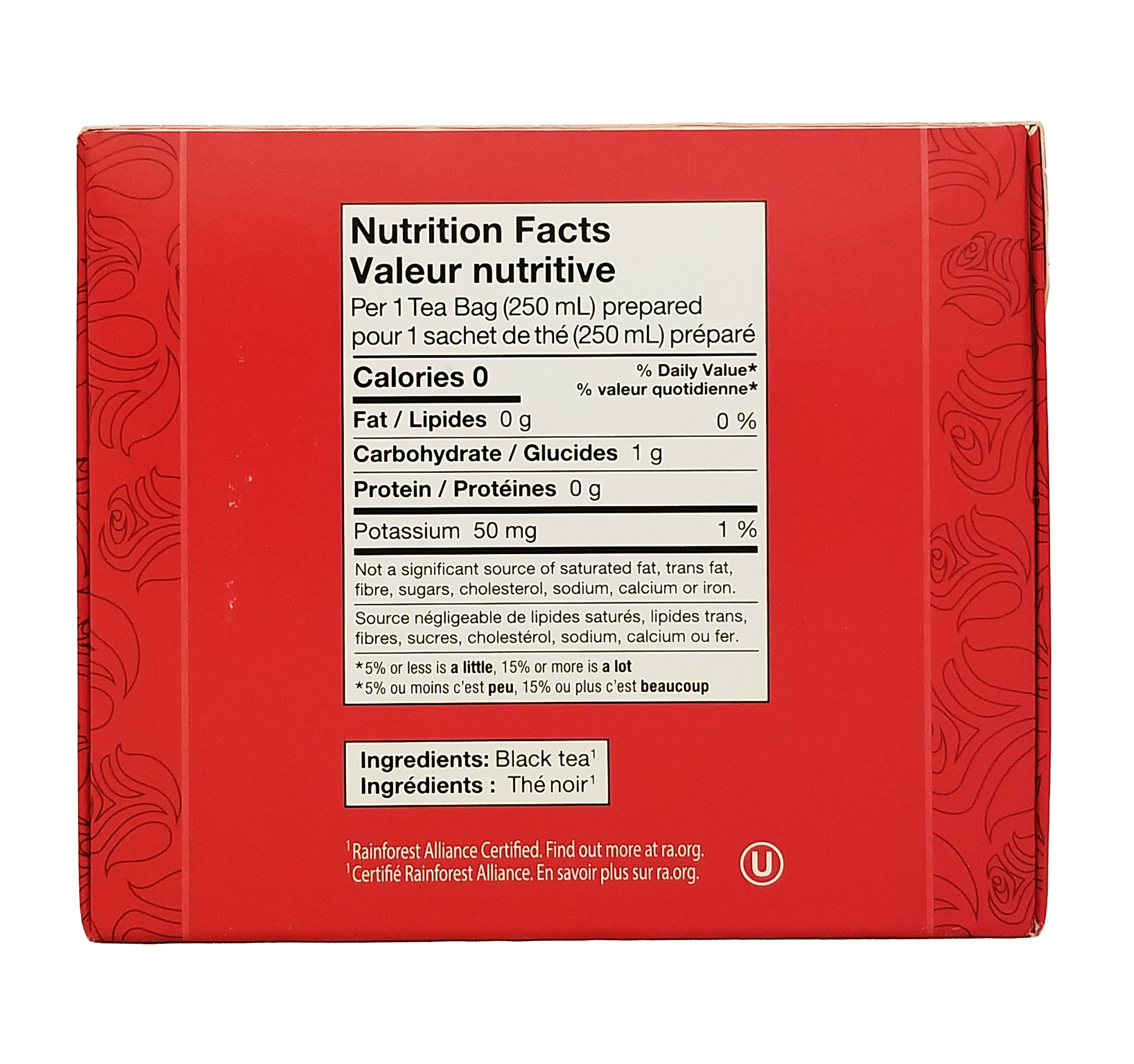 Red Rose Orange Pekoe Tea, 210 Bags box with nutrition facts label on a white background