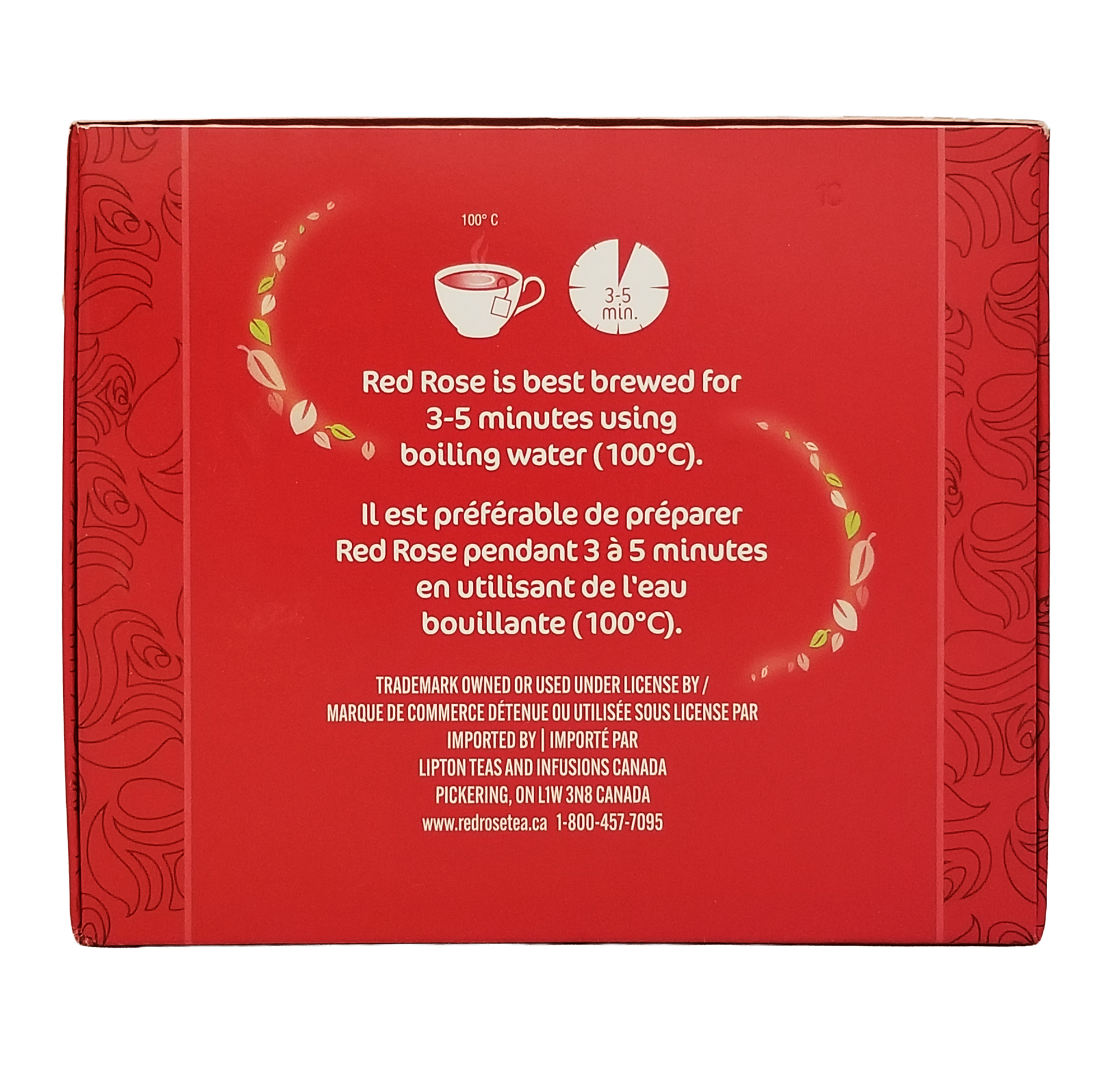 Red Rose Orange Pekoe Tea, 210 Bags box with brewing instructions and brand information on a white background