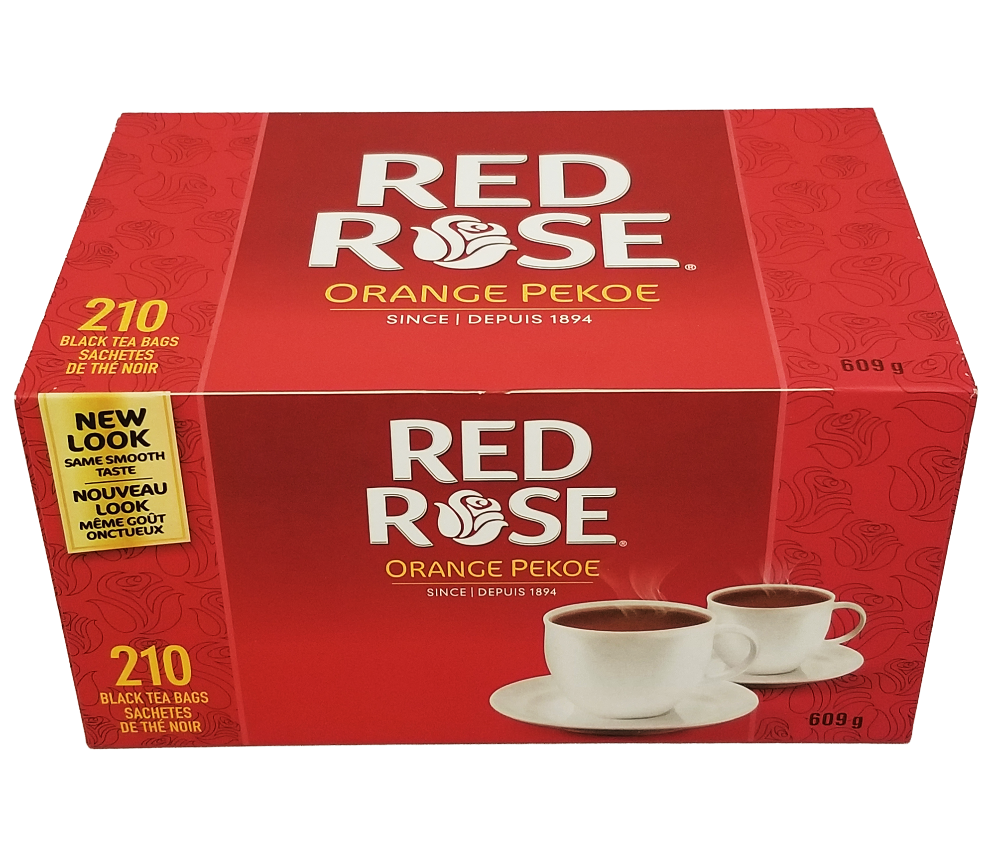 Red Rose Orange Pekoe tea 210ct box with two cups on a white background