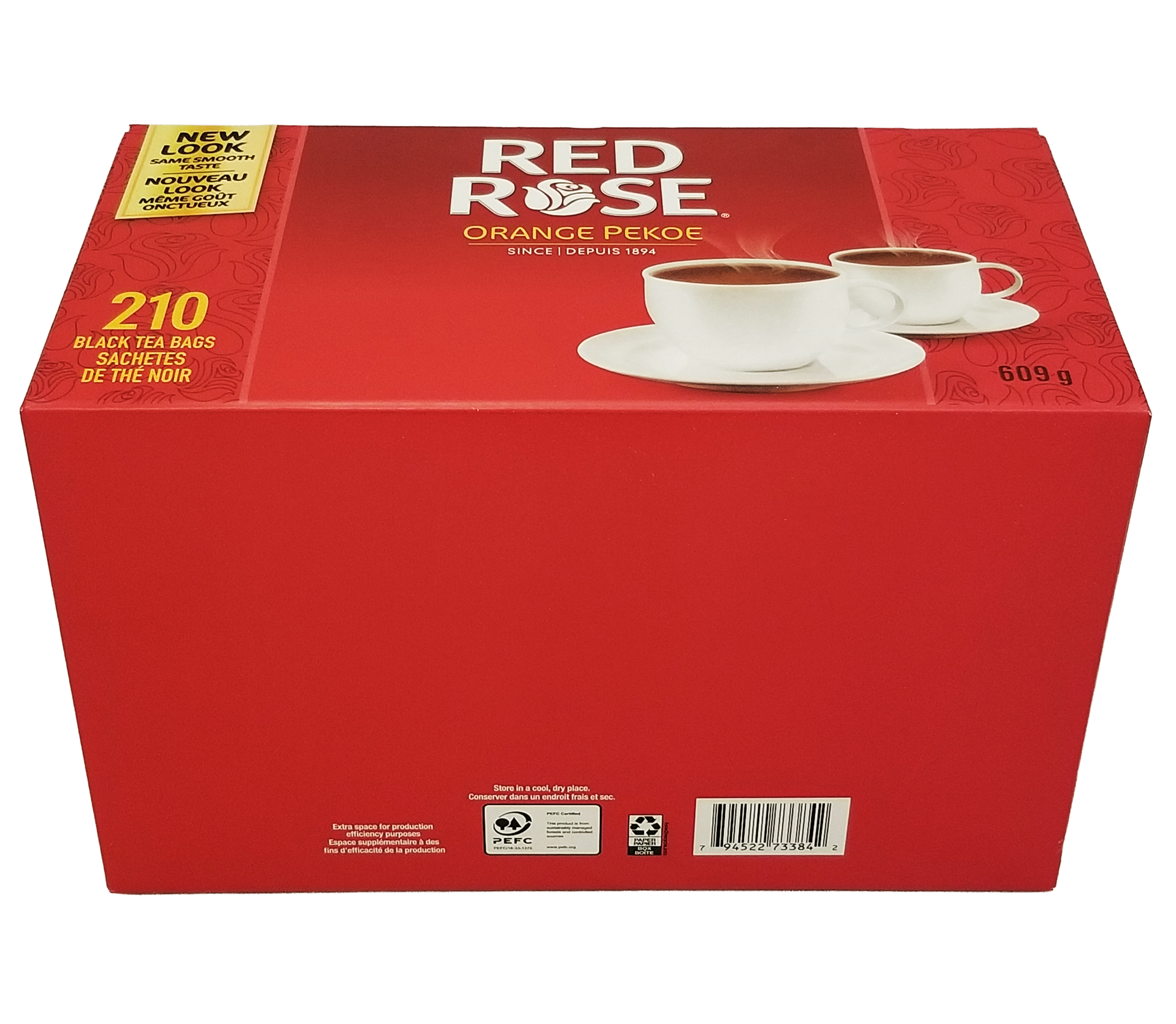 Red Rose Orange Pekoe tea 210ct box with two cups on a white background