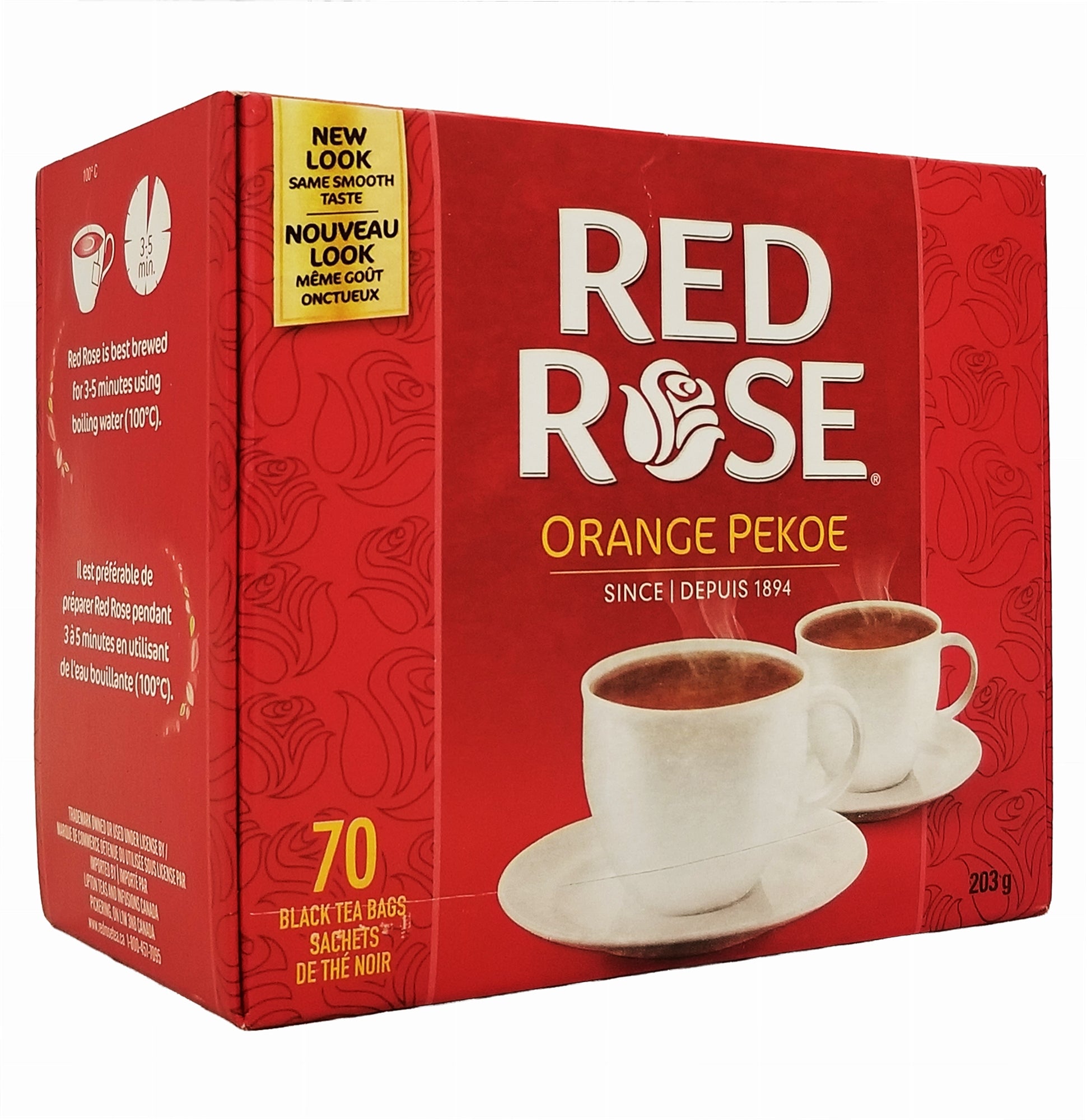Red Rose Orange Pekoe Tea 203g box photographed at an angle, front label visible