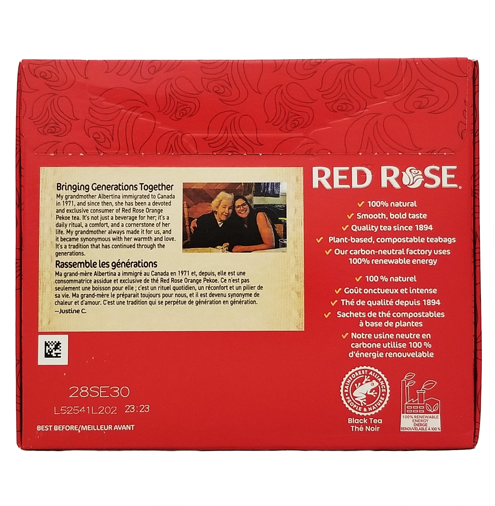 Back of Red Rose Orange Pekoe Tea 70-bag box showing brewing instructions and product details
