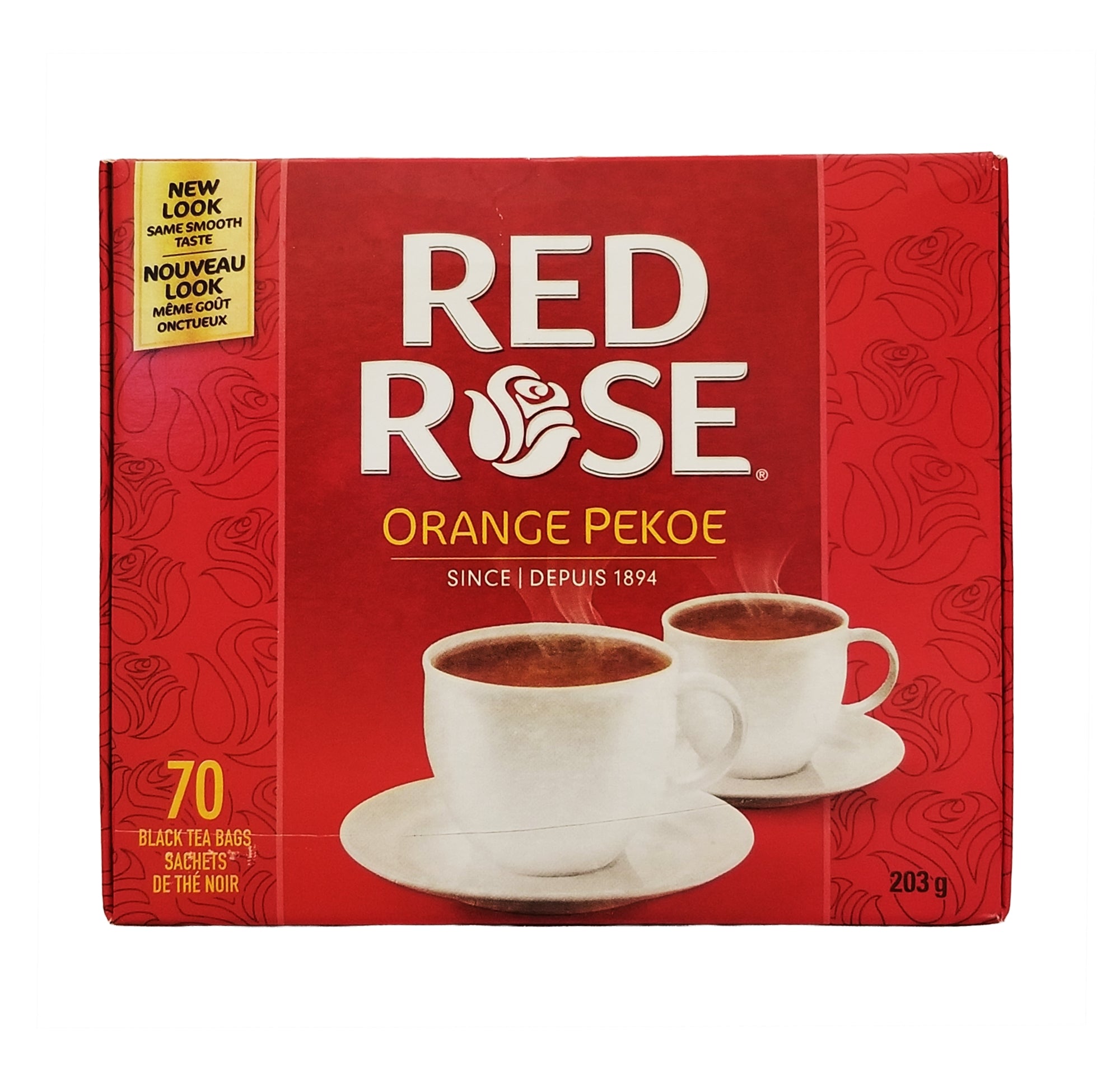 Red Rose Orange Pekoe Tea box front, 70 bags, 203g — classic Canadian black tea