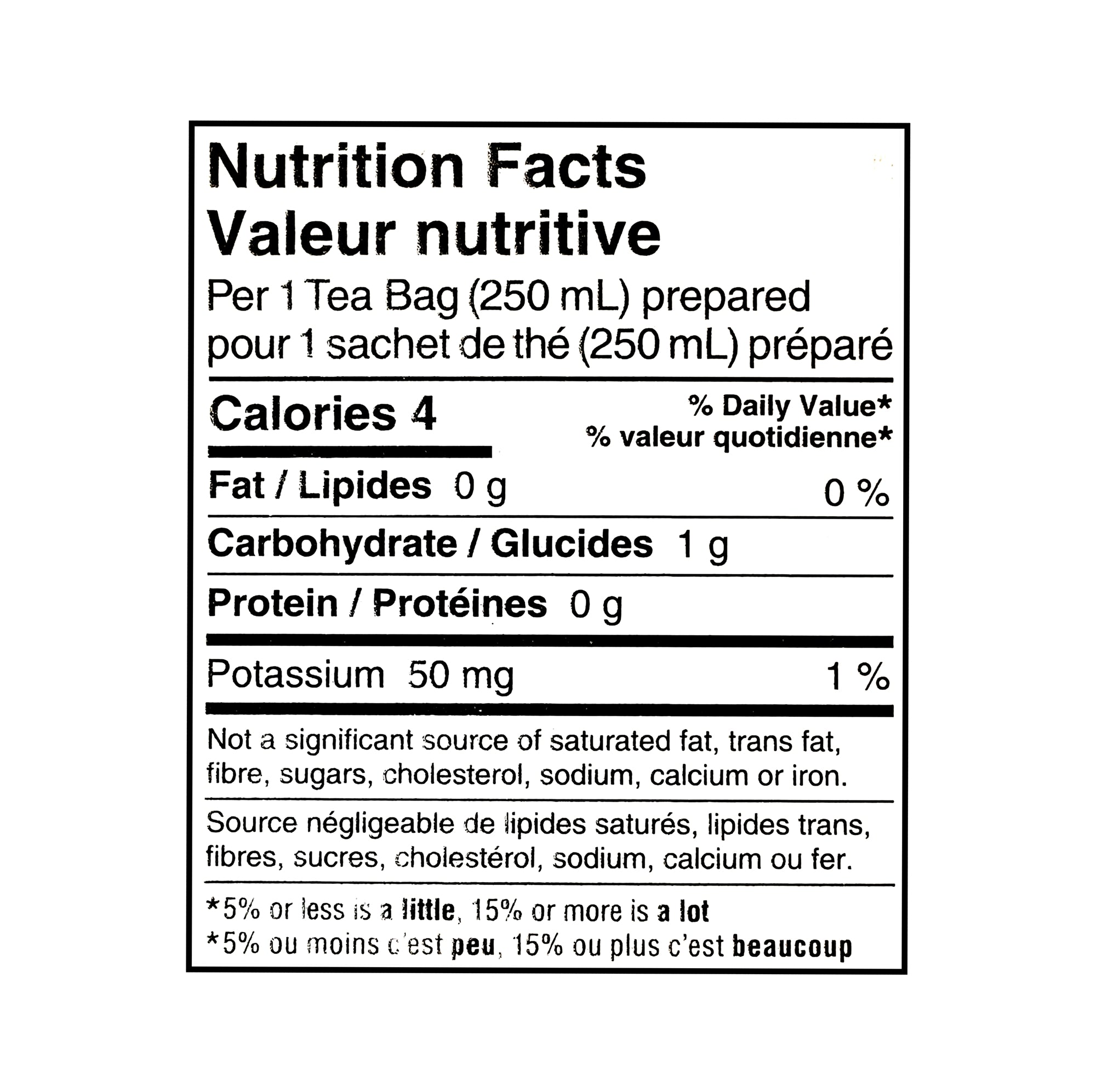 Nutrition facts panel for Red Rose Orange Pekoe Tea, 70 bags, 203g