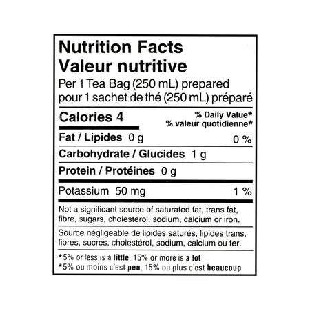 Nutrition facts panel for Red Rose Orange Pekoe Tea, 70 bags, 203g