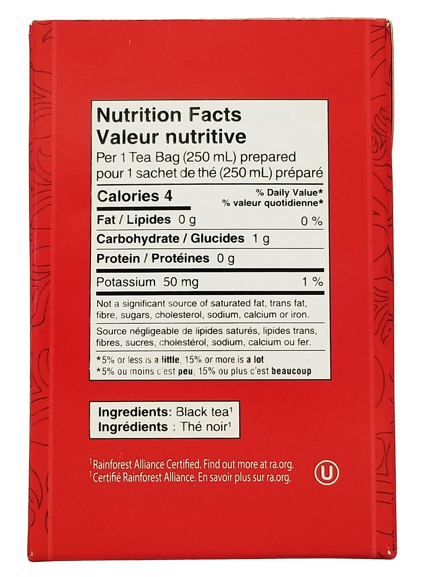Side panel of Red Rose Orange Pekoe Tea box, 70 bags, showing brand and size information