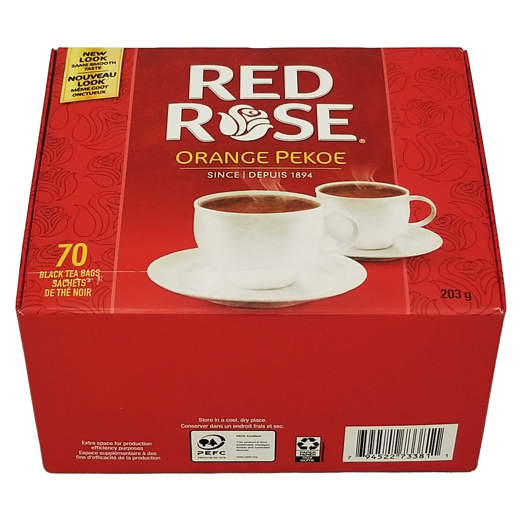 Barcode and UPC label on Red Rose Orange Pekoe Tea 70-bag box, 203g