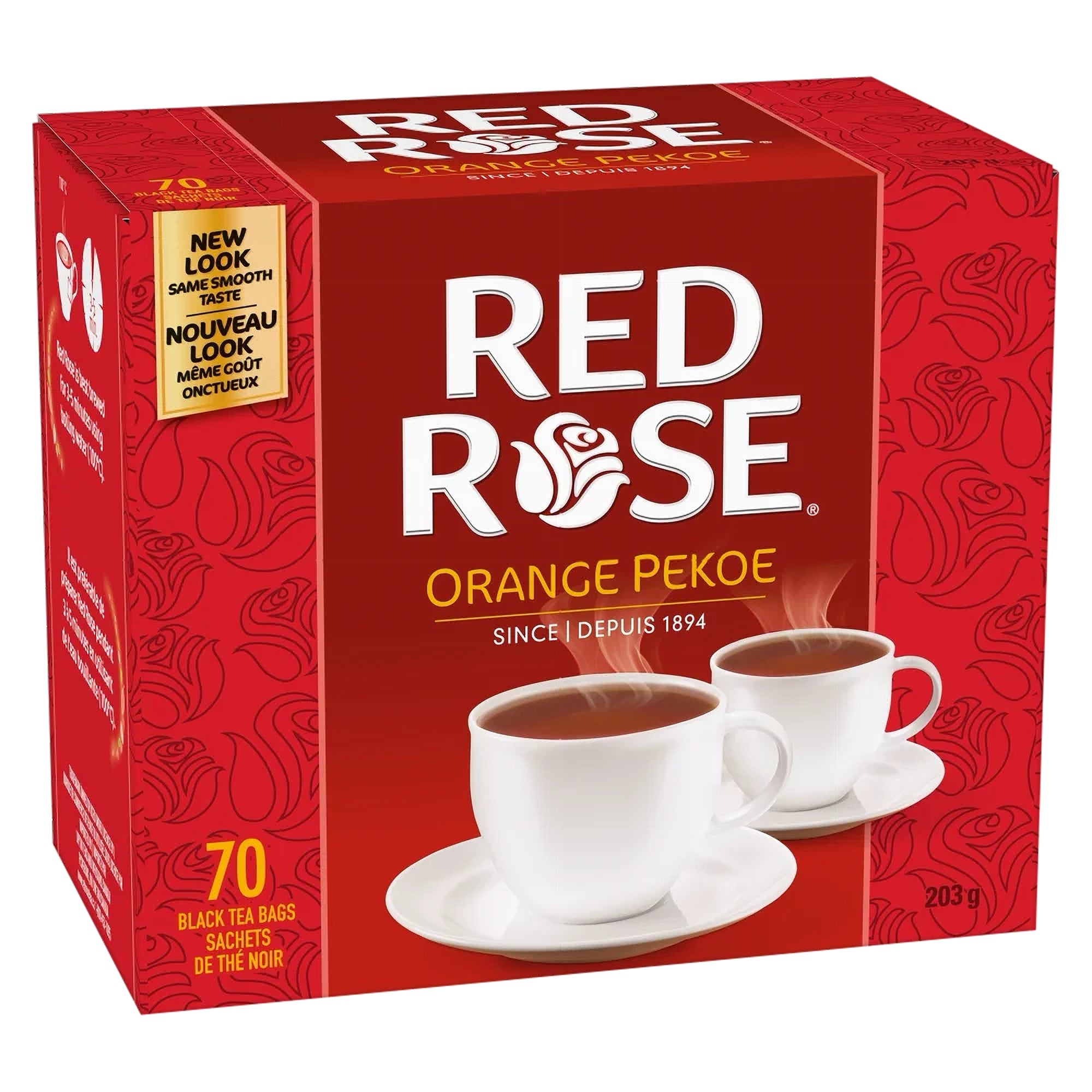 Front of Red Rose Orange Pekoe Tea box, 70 tea bags, showing product name and red rose branding