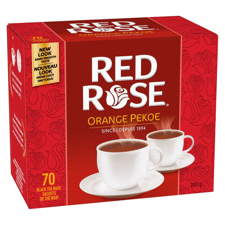 Front of Red Rose Orange Pekoe Tea box, 70 tea bags, showing product name and red rose branding
