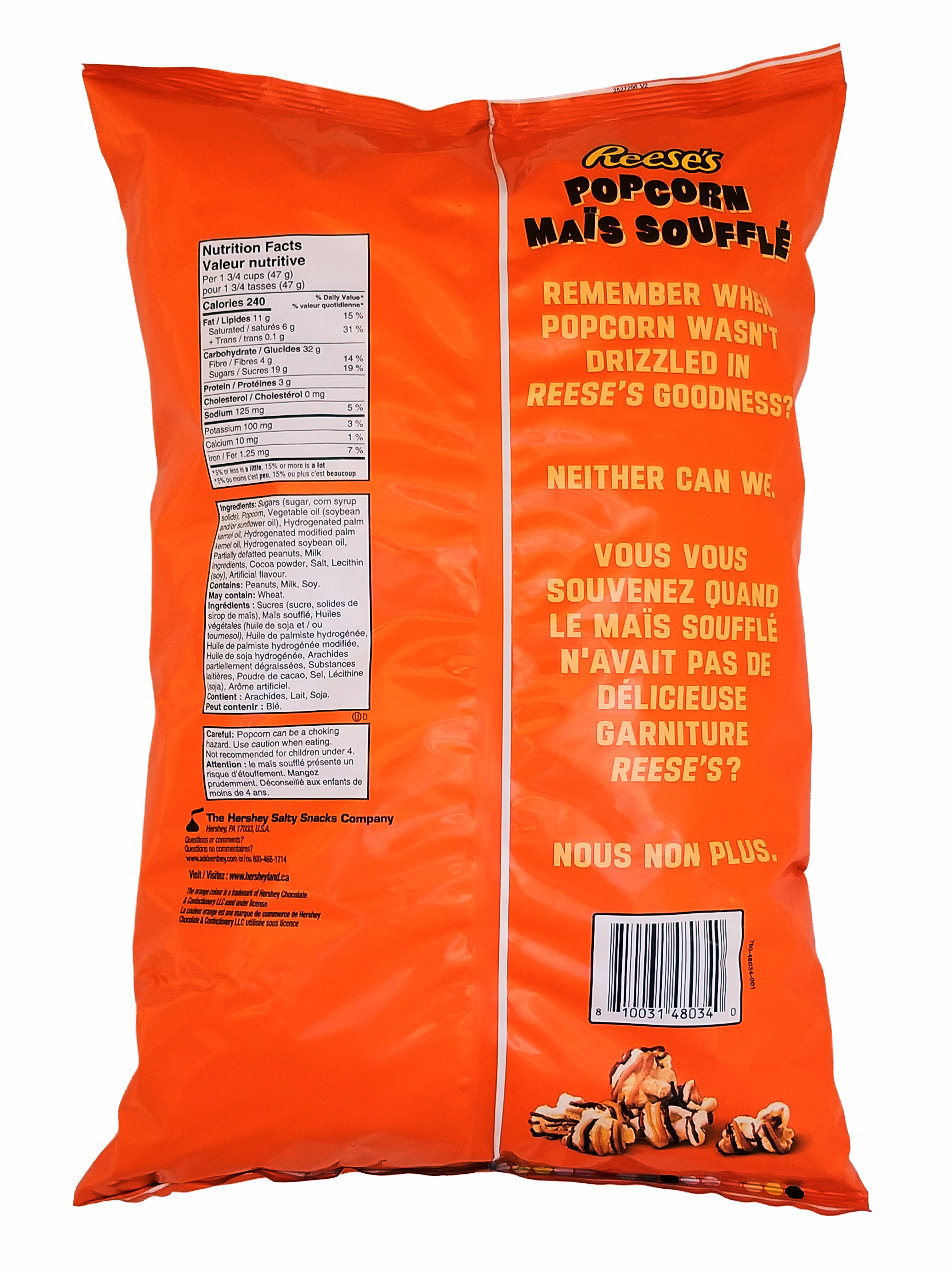 Orange Reese's Popcorn bag with text and branding on a white background