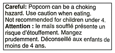 Warning label about popcorn being a choking hazard with text in English and French.
