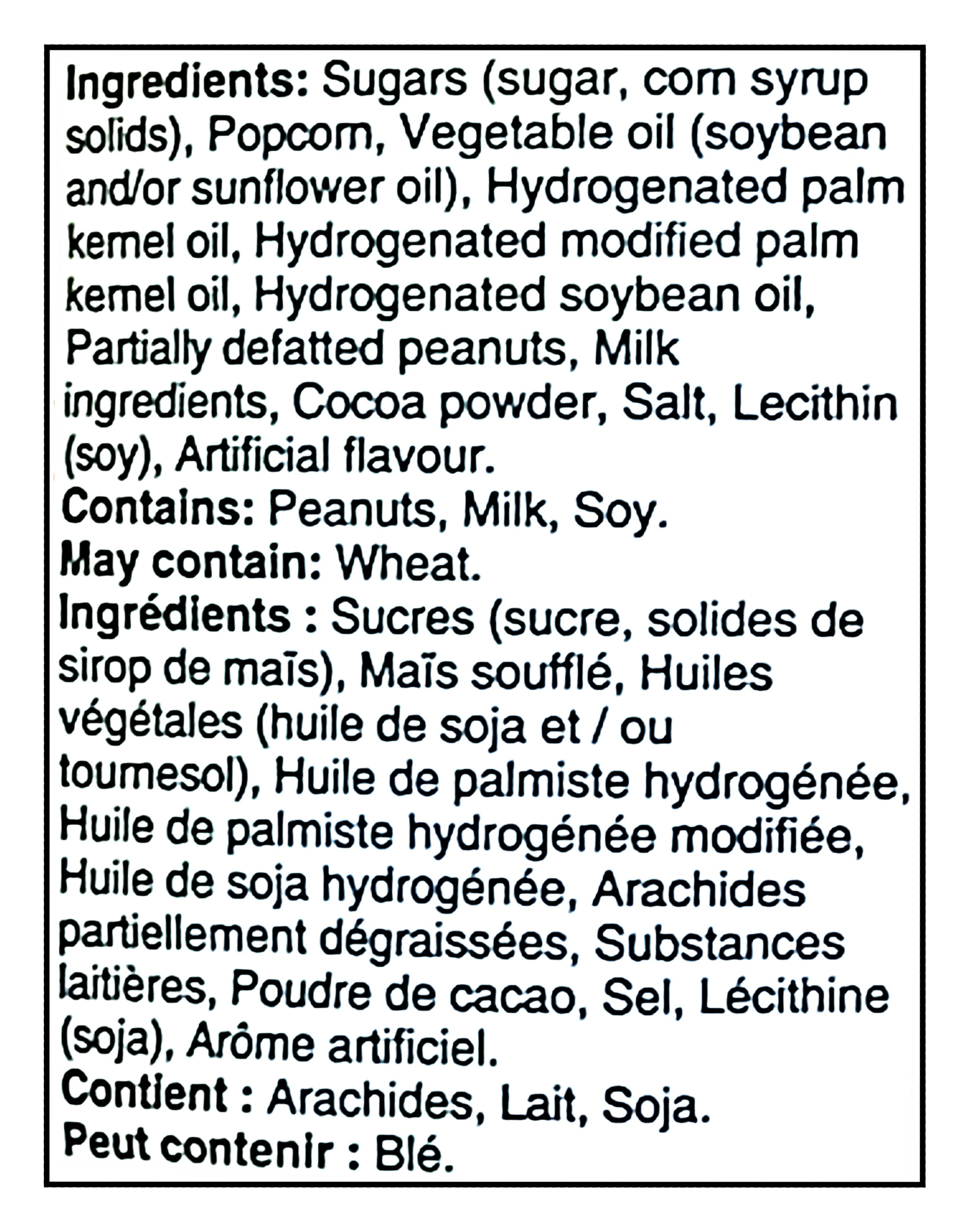 Ingredients list for REESE'S Popcorn With Chocolatey Drizzle And Peanut Butter Creme - 481g/16.9 oz with allergen warnings on a black background