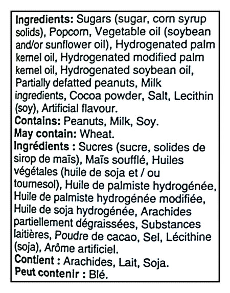 Ingredients list for REESE'S Popcorn With Chocolatey Drizzle And Peanut Butter Creme - 481g/16.9 oz with allergen warnings on a black background