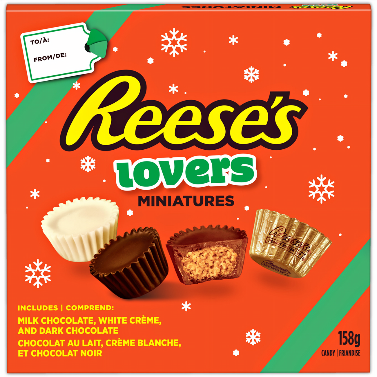 Reese's Lovers Miniatures, Milk, White & Dark Chocolate Peanut Butter Cups 158g/5.6 oz. Gift Box - Front