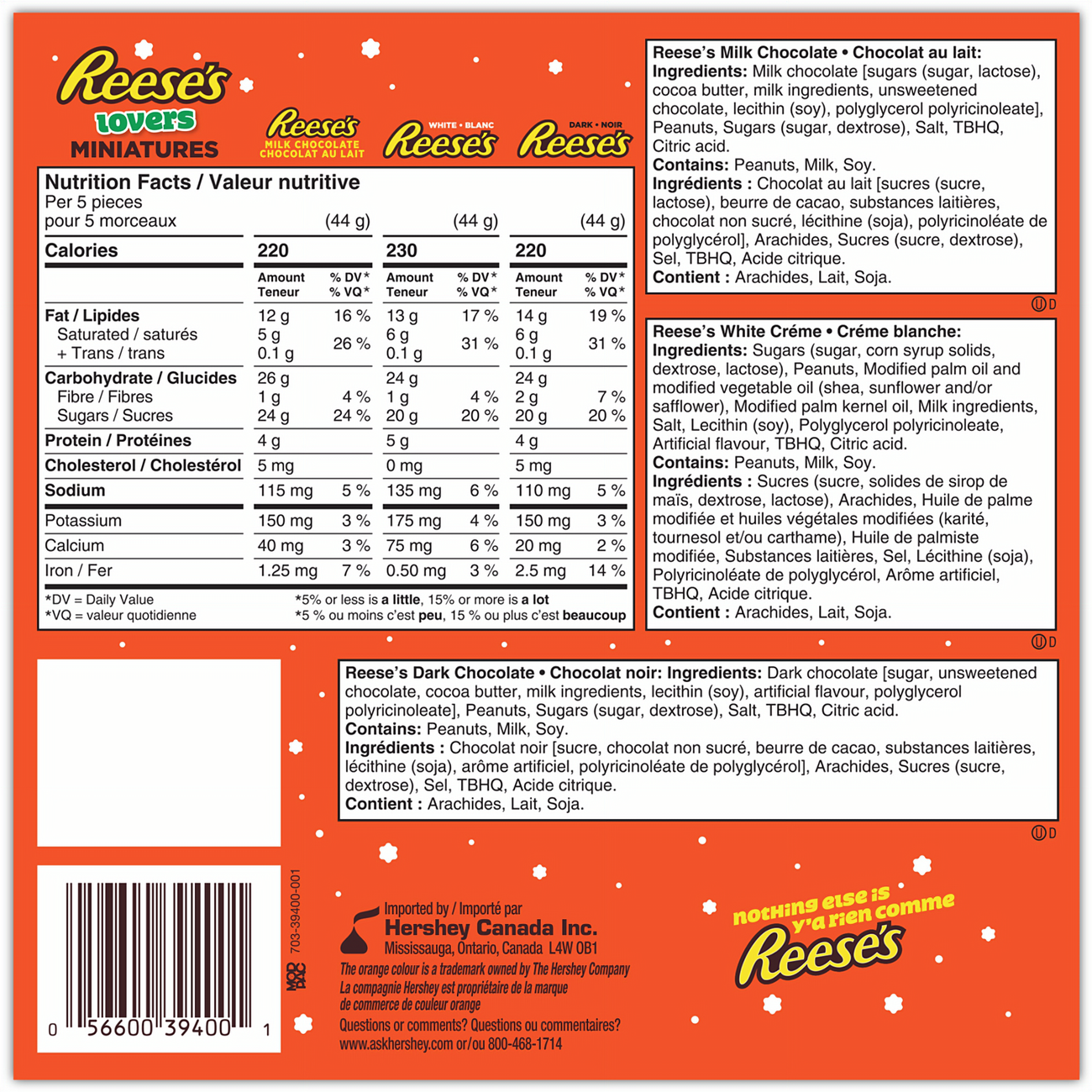 Reese's Lovers Miniatures, Milk, White & Dark Chocolate Peanut Butter Cups 158g/5.6 oz. Gift Box - Back