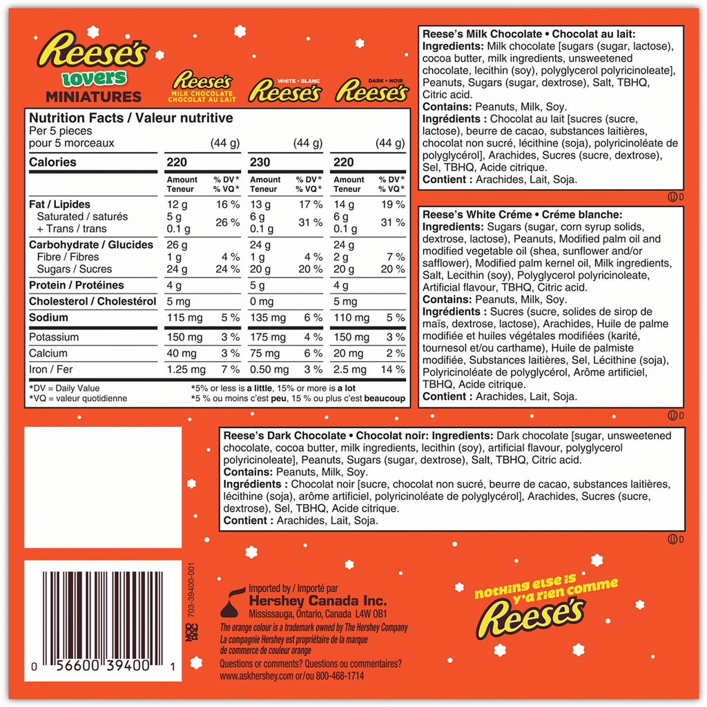 Reese's Lovers Miniatures, Milk, White & Dark Chocolate Peanut Butter Cups 158g/5.6 oz. Gift Box - Back