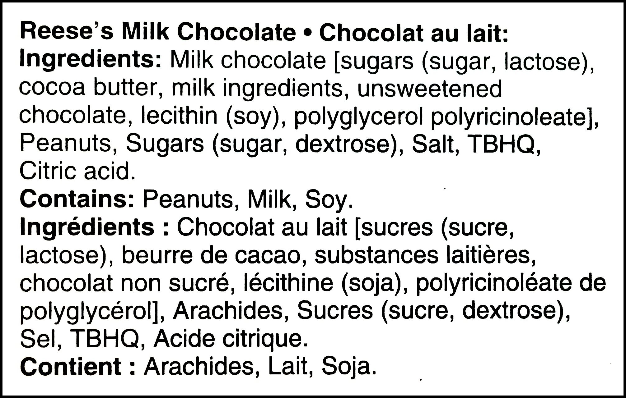 Reese's Lovers Miniatures, Milk, White & Dark Chocolate Peanut Butter Cups 158g/5.6 oz. Gift Box - Ingredients Reese's Milk Chocolate