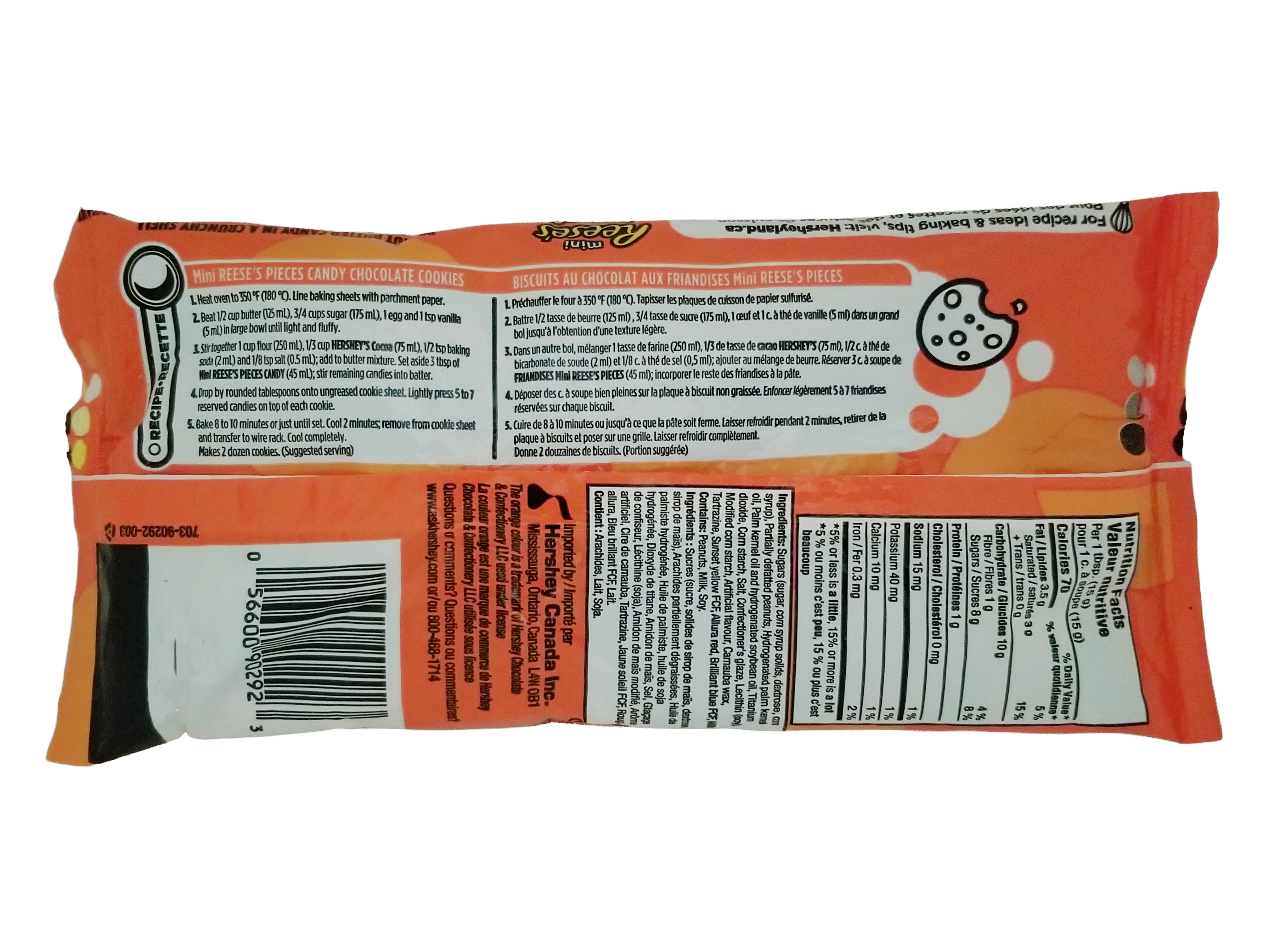 Back view of Mini Reese's Pieces perfect for baking, 270g/9.5 oz with text and branding on an orange and white background.