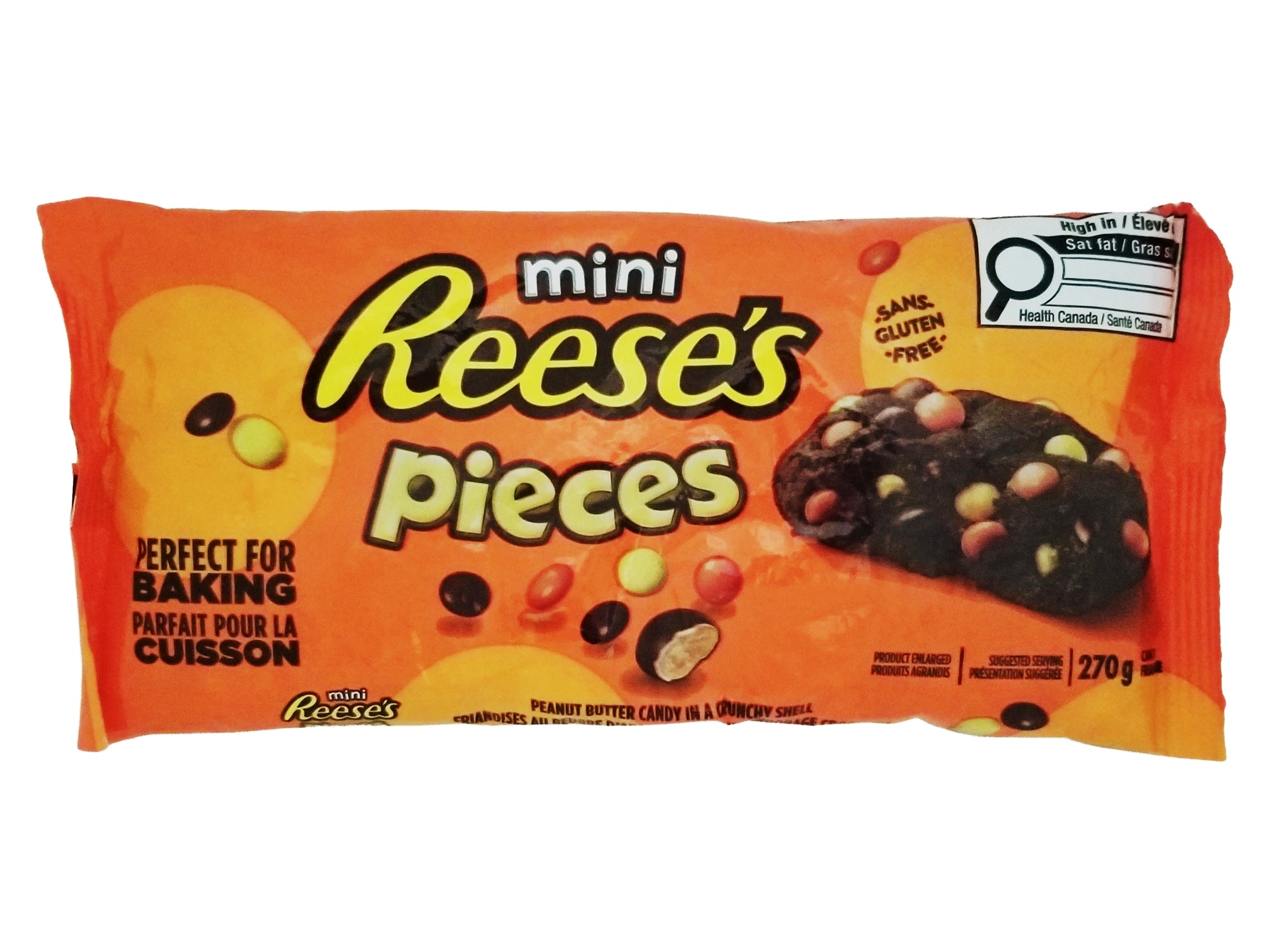 Packaging of Reese Pieces Mini, perfect for baking, 270g on an orange background