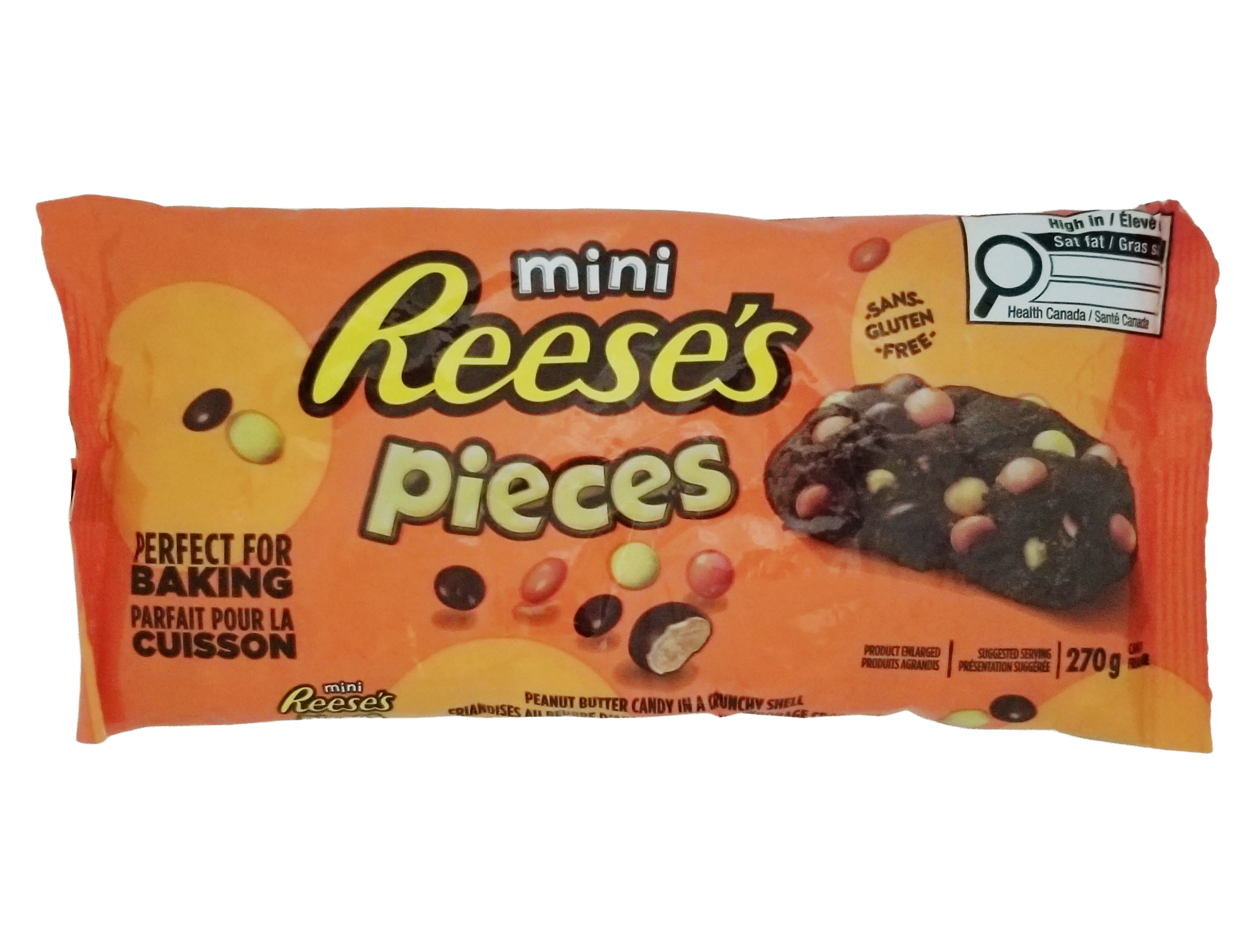 Packaging of Reese Pieces, Mini perfect for baking, 270g/9.5 oz on an orange background.