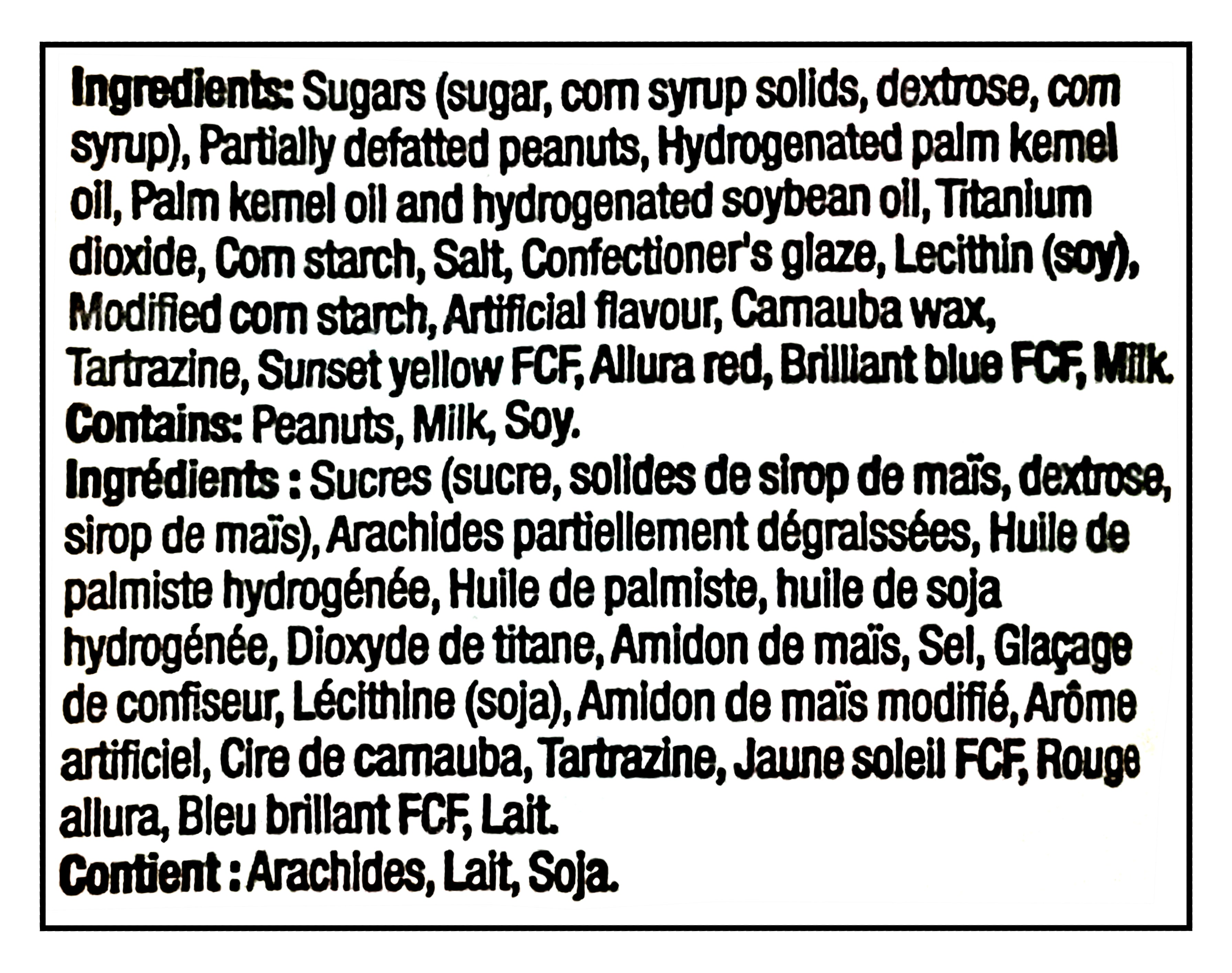 List of ingredients for Reese Pieces, Mini perfect for baking, 270g/9.5 oz with a black border.