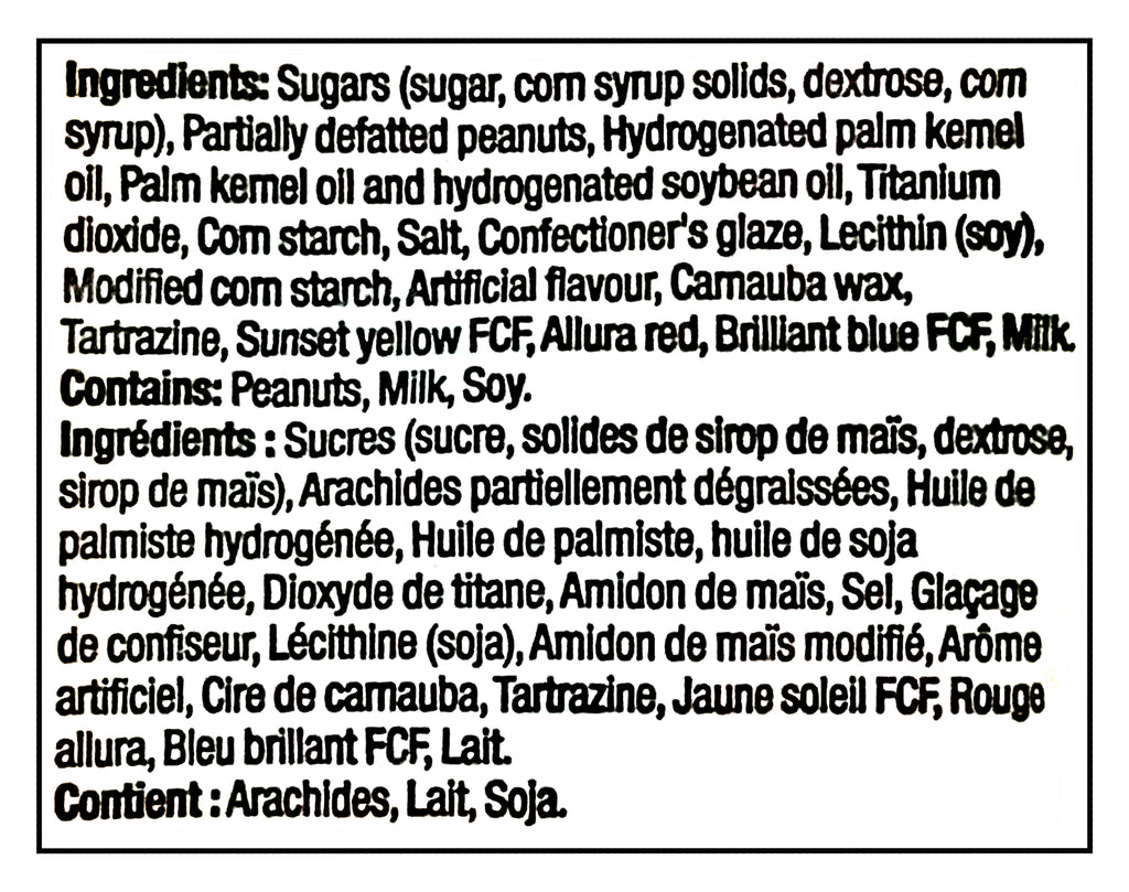 List of ingredients for Reese Pieces, Mini perfect for baking, 270g/9.5 oz with a black border.