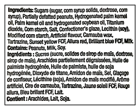 Ingredients list for Reese Pieces Mini, perfect for baking, 270g on a black background