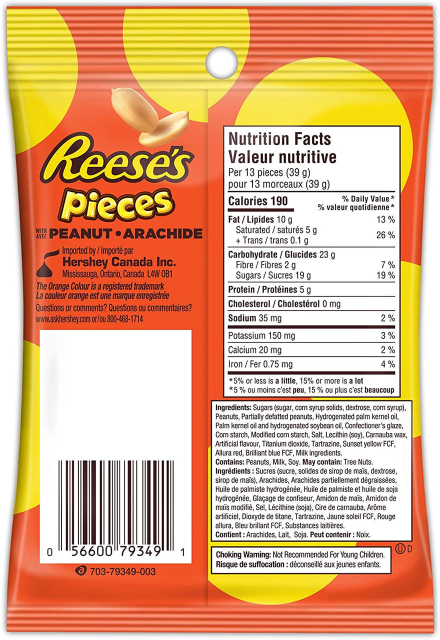 Reese's Pieces Peanut Peg Bag, 104g/3.7oz. Bag back Side