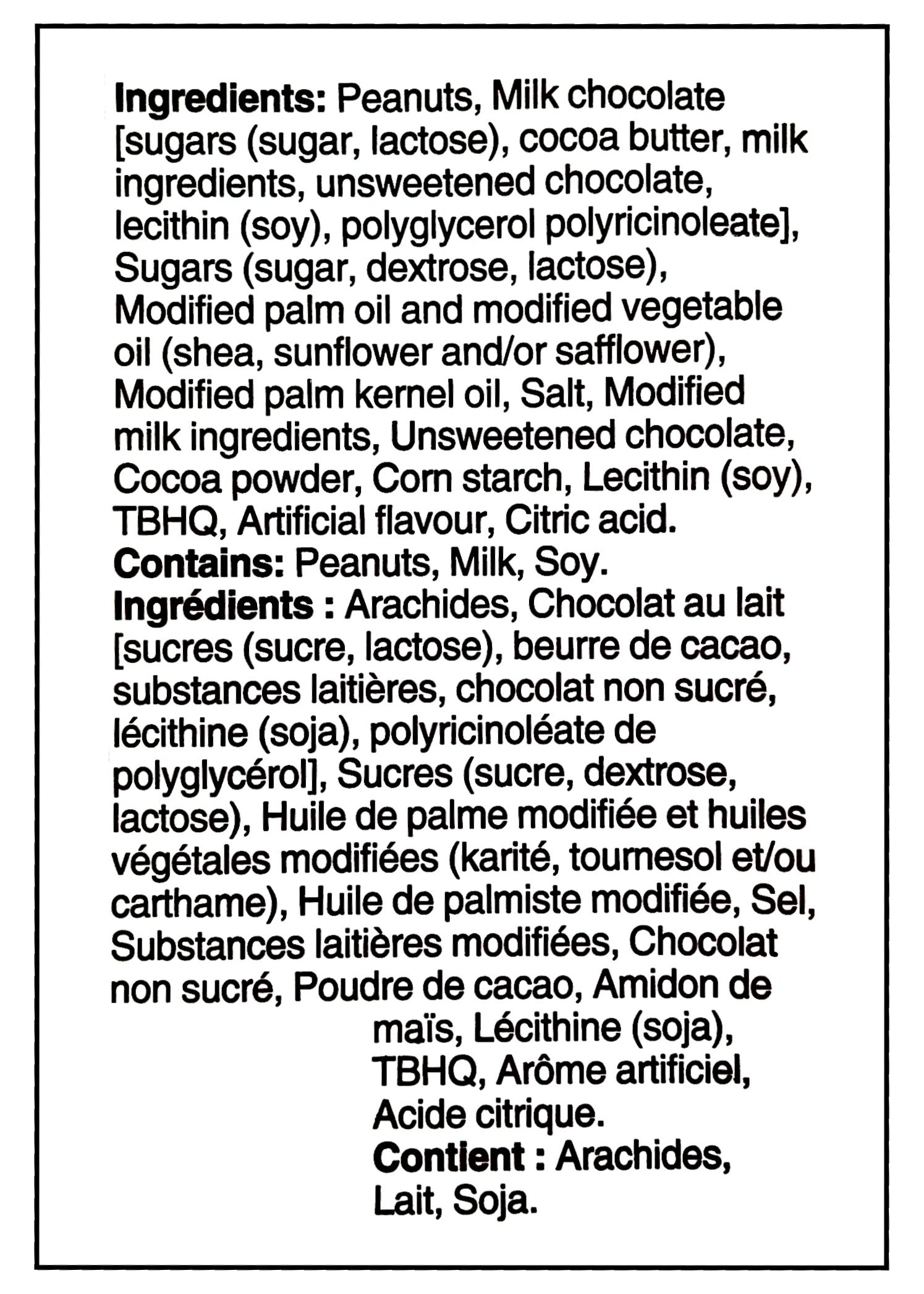 Ingredients label of Reese's Trees, Milk Chocolate And Peanut Butter Candy 204g/7.2 oz. Package