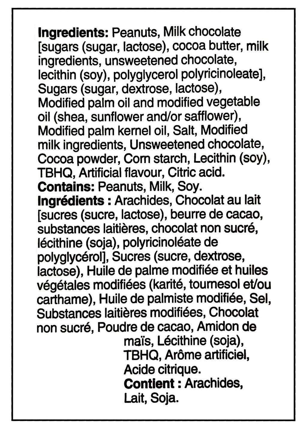 Ingredients label of Reese's Trees, Milk Chocolate And Peanut Butter Candy 204g/7.2 oz. Package