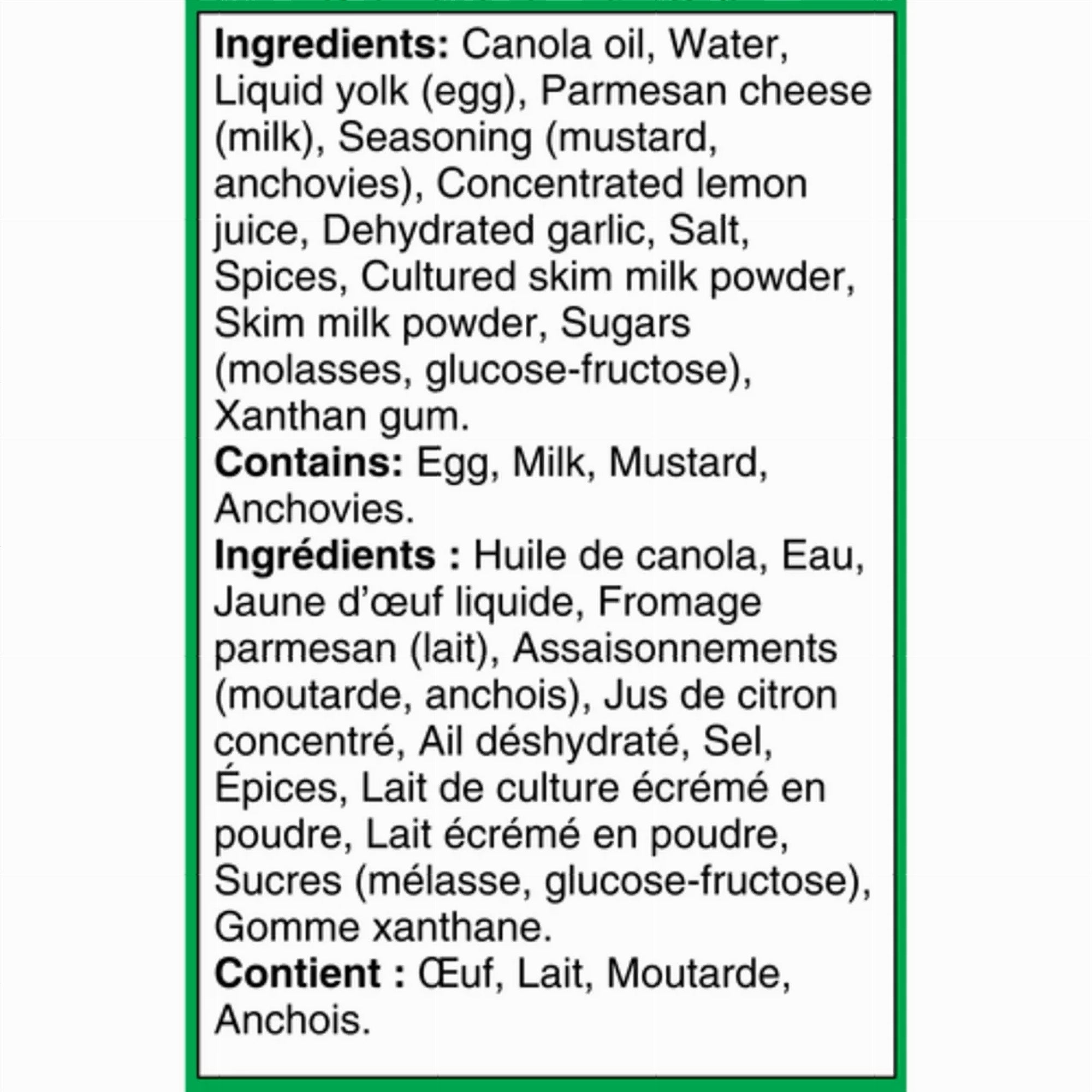 Ingredients list for Renee's Gourmet Garlic & Parmesan Caesar Dressing And Dip 750ml with a green border on a white background