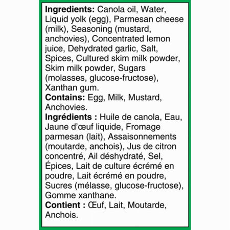 Ingredients list for Renee's Gourmet Garlic & Parmesan Caesar Dressing And Dip 750ml with a green border on a white background