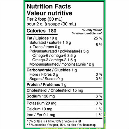Nutrition facts label for Renee's Gourmet Garlic & Parmesan Caesar Dressing And Dip 750ml with green border