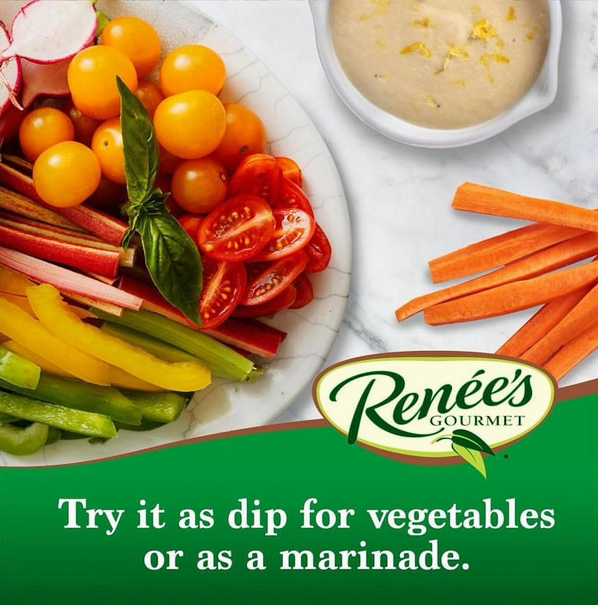 Assorted vegetables on a plate with a bowl of dip, featuring the Renee's Gourmet logo.