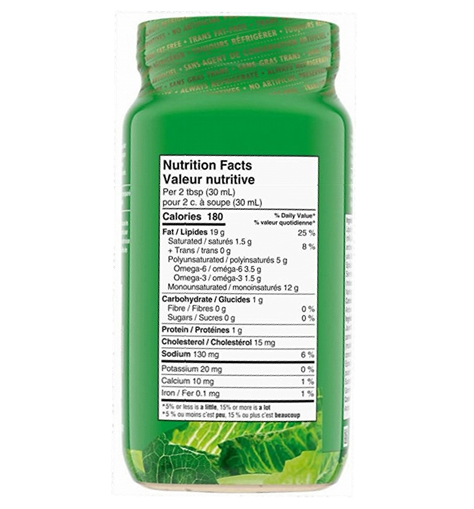Nutrition facts label for Renee's Gourmet Garlic & Parmesan Caesar Dressing And Dip 750ml on a green supplement bottle