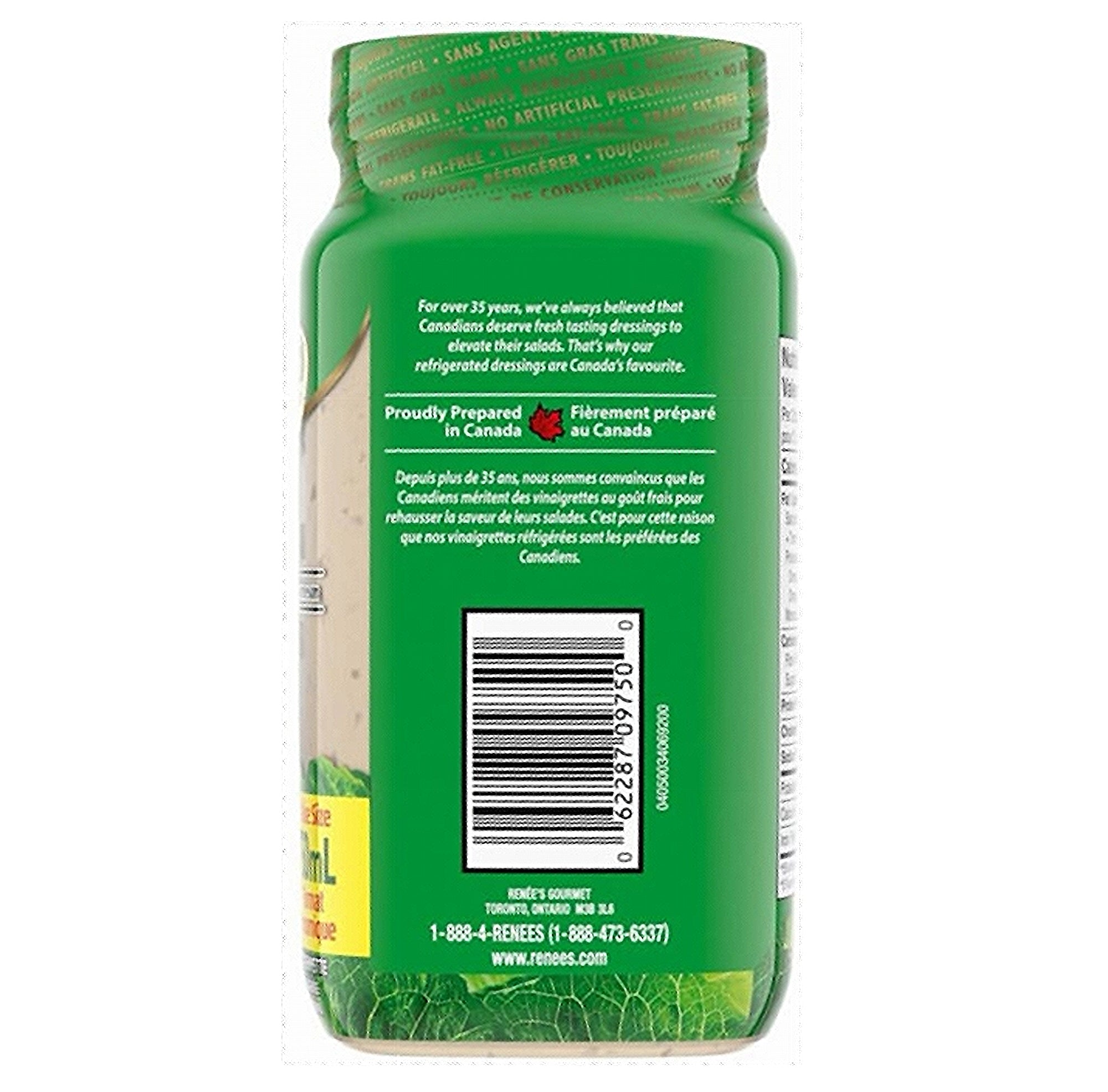 Back view of a green Renee's Gourmet Garlic & Parmesan Caesar Dressing And Dip 750ml bottle with text and a barcode on a white background