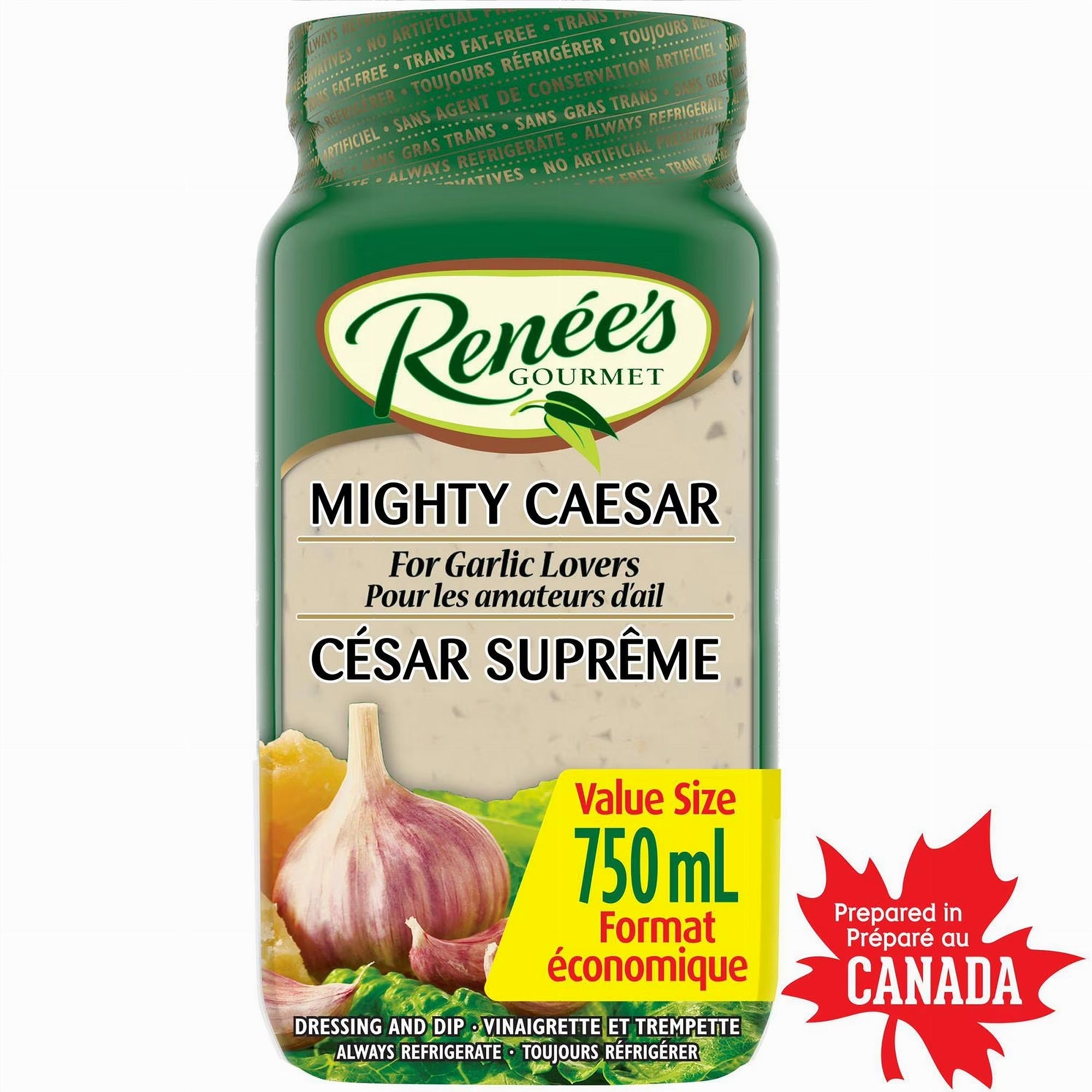 Jacketed salad dressing container labeled 'Mighty Caesar' by Renee's Gourmet on a white background.