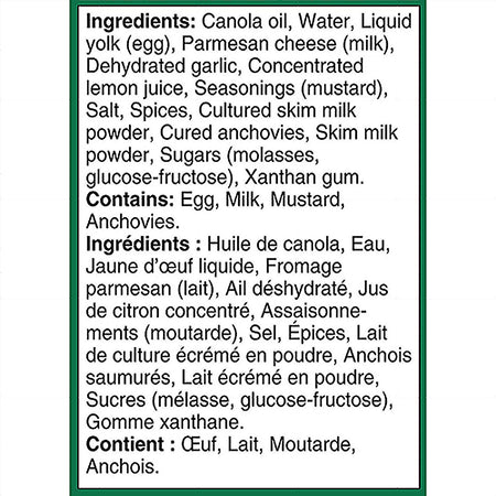 List of ingredients for Renee's Gourmet Garlic Mighty Caesar Dressing And Dip 750ml with a green border on a white background