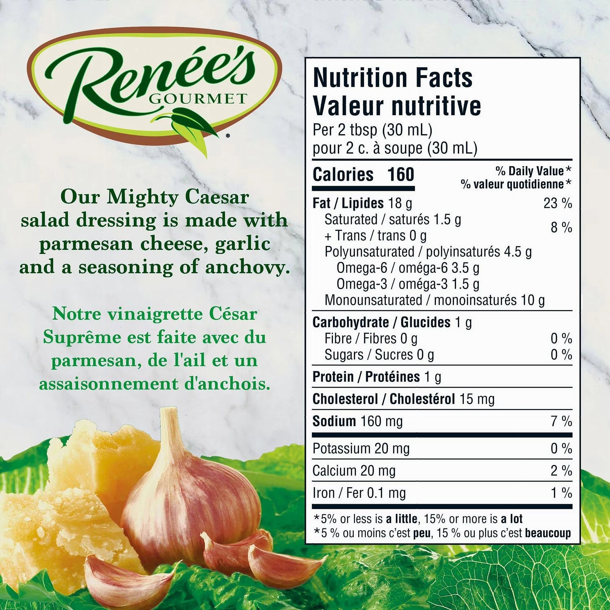 Nutrition facts label for Renee's Gourmet salad dressing with ingredients shown below.