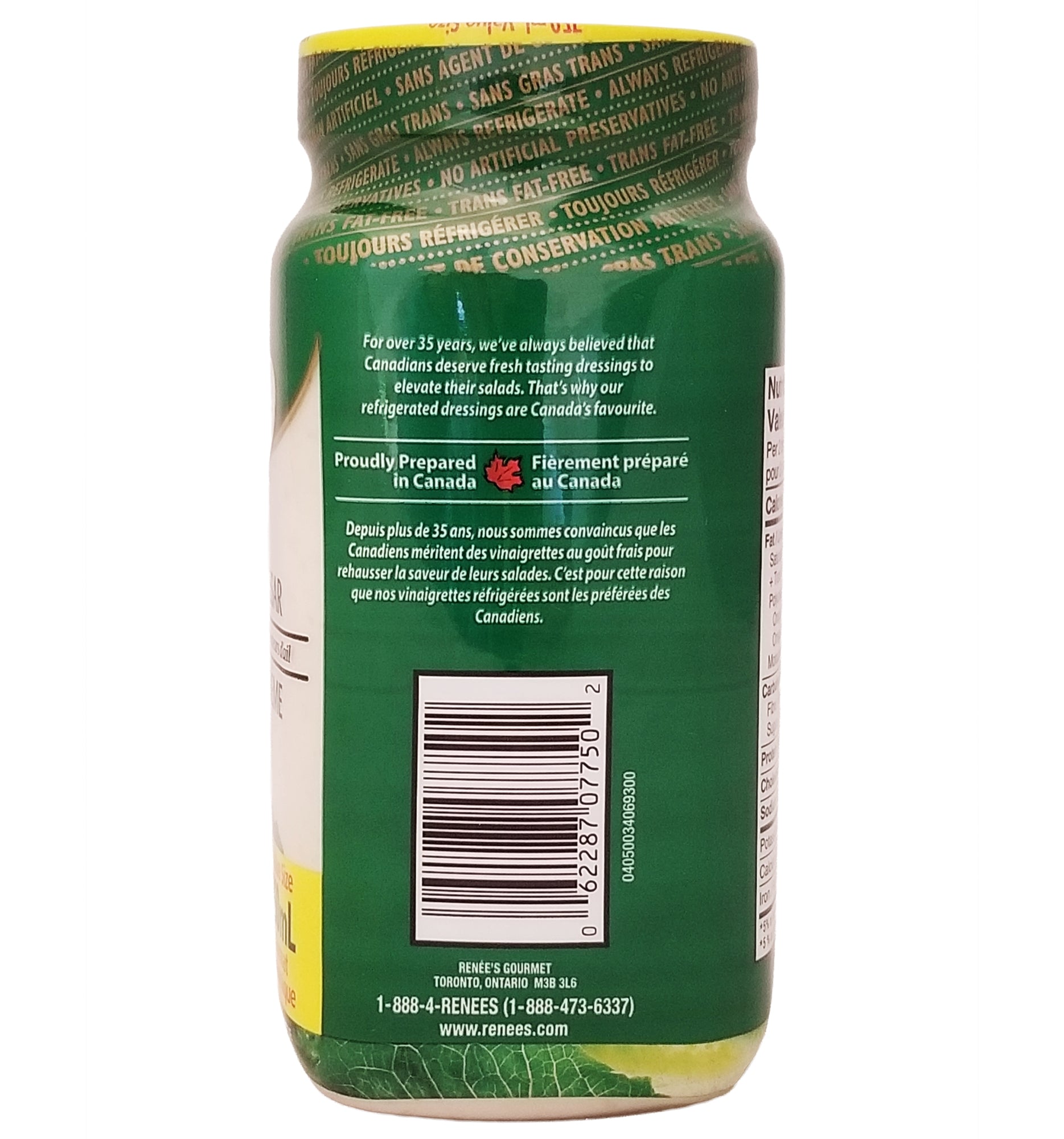 Back label of a green Renee's Gourmet Garlic Mighty Caesar Dressing & Dip 750ml bottle with text and a barcode on a white background