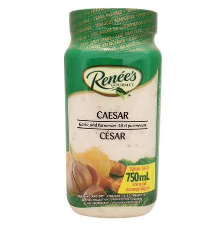 Bottle of Renee's Gourmet Garlic & Parmesan Caesar dressing 750ml with green label and white background
