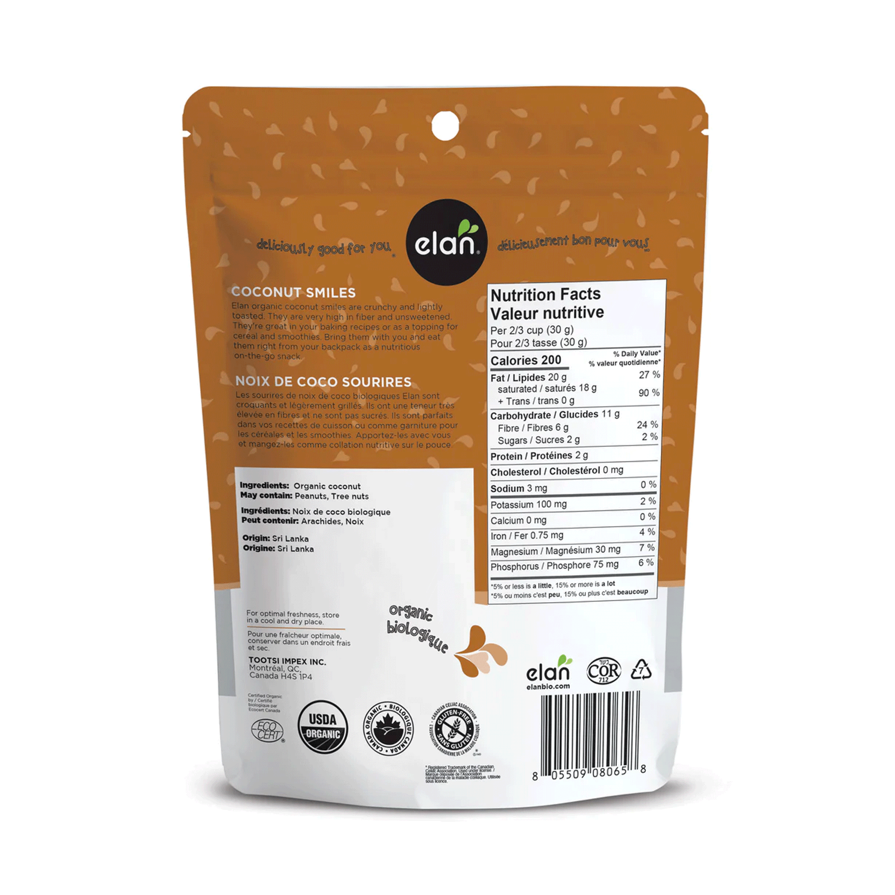 ELAN Organic Coconut Smiles, 125g/4.4 oz., Bag, back of bag