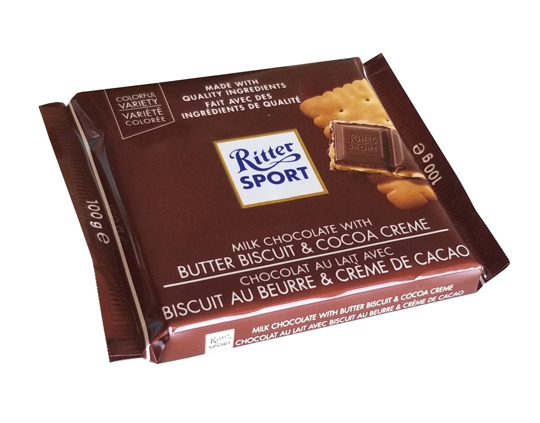 Ritter Sport Milk Chocolate with Butter Biscuit & Cocoa Creme Bar, 100g/3.5 oz