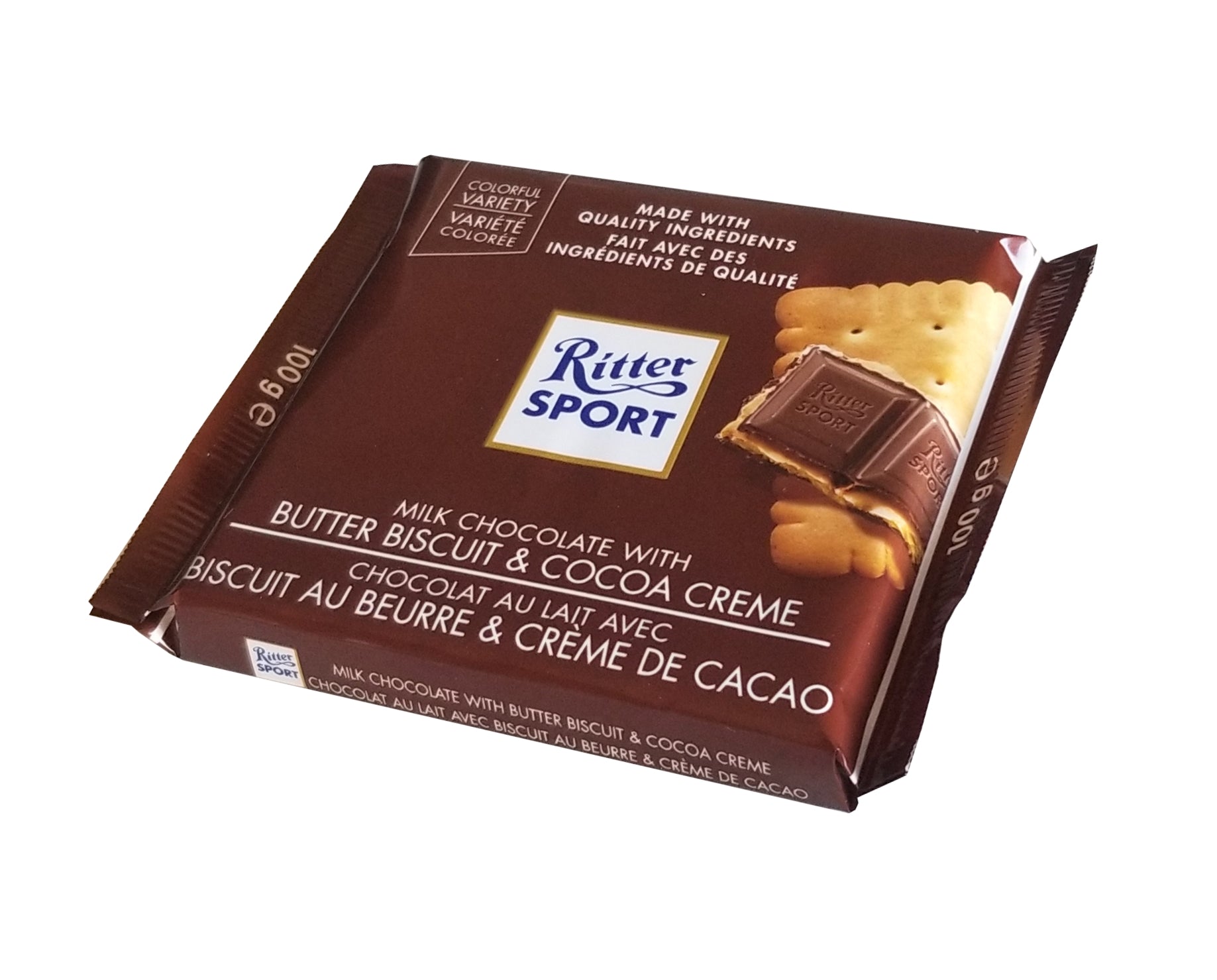 Ritter Sport Milk Chocolate with Butter Biscuit & Cocoa Creme Bar, 100g/3.5 oz