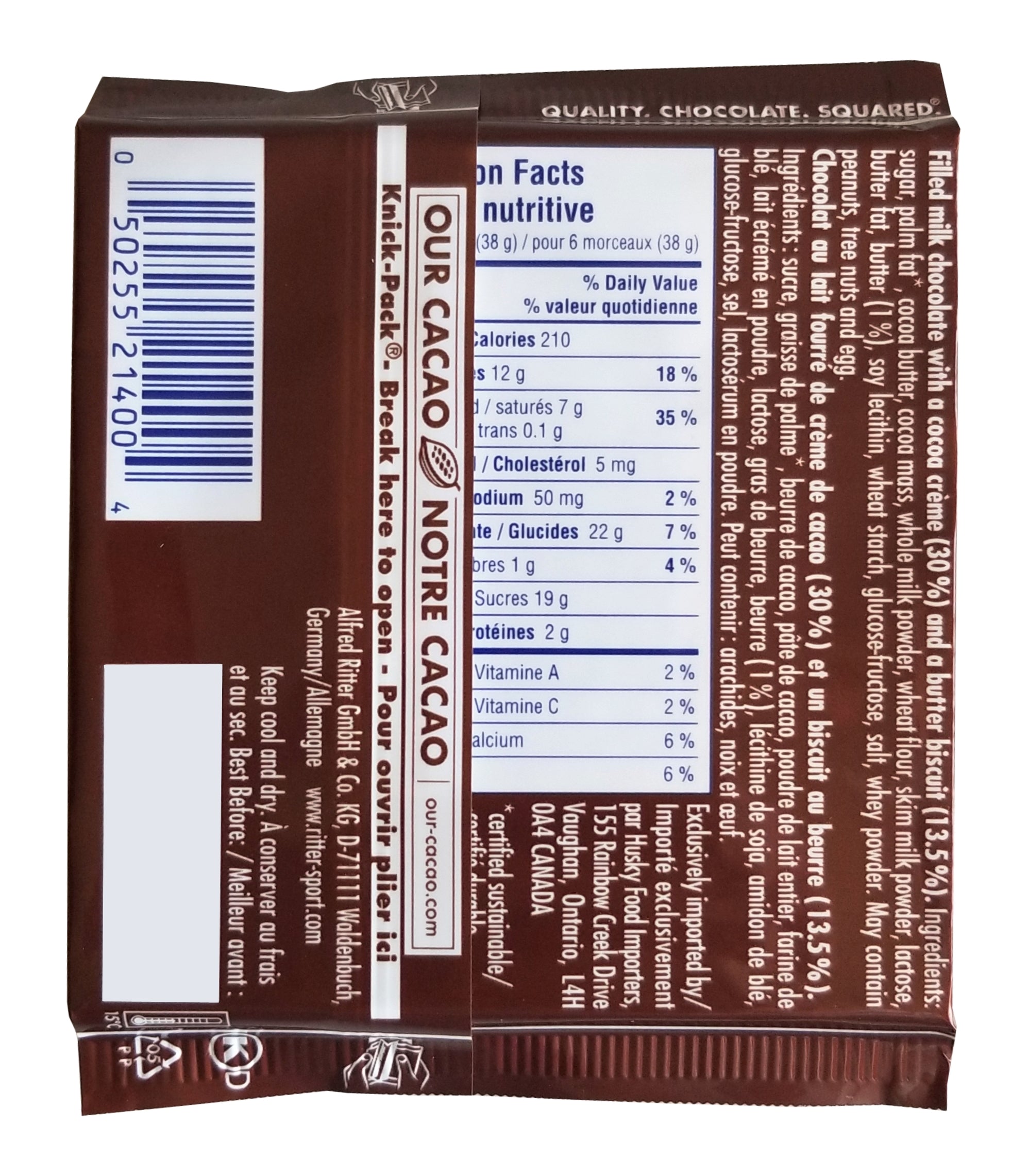 Ritter Sport Milk Chocolate with Butter Biscuit & Cocoa Creme Bar, 100g/3.5 oz