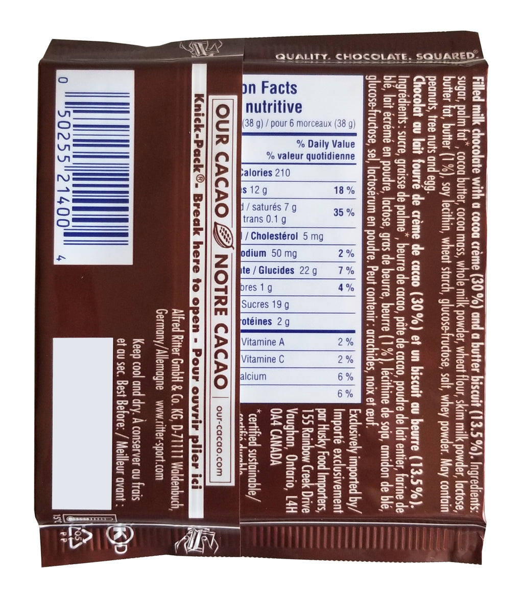 Ritter Sport Milk Chocolate with Butter Biscuit & Cocoa Creme Bar, 100g/3.5 oz. Bar {Imported from Canada}