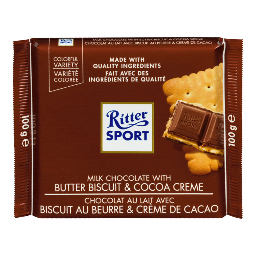 Ritter Sport Milk Chocolate with Butter Biscuit & Cocoa Creme Bar, 100g/3.5 oz
