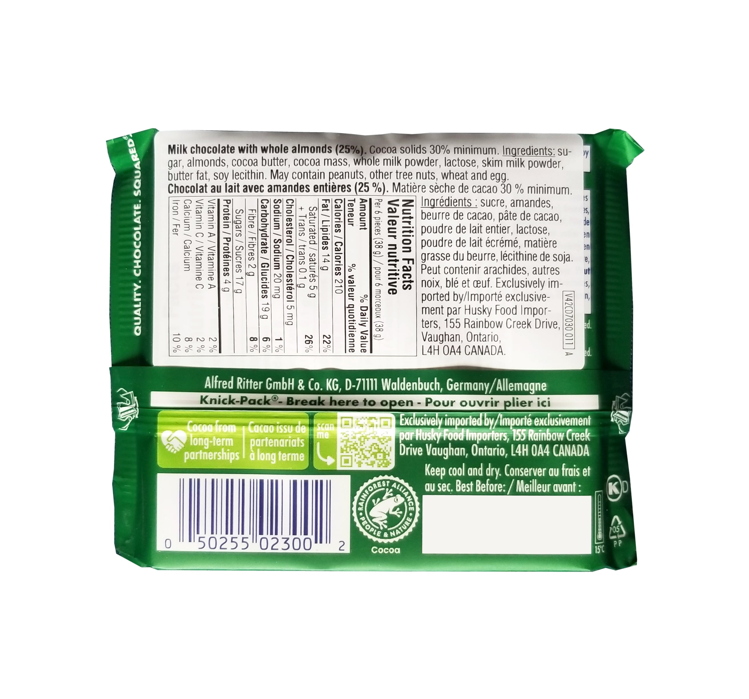 Ritter Sport Nut Selection Milk Chocolate with Whole Almonds Bar, 100g