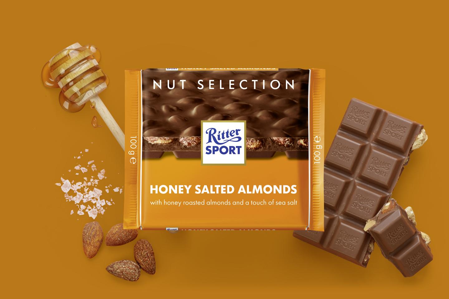 Ritter Sport Nut Selection Milk Chocolate Honey Sea-Salt Almonds Bar, 100g