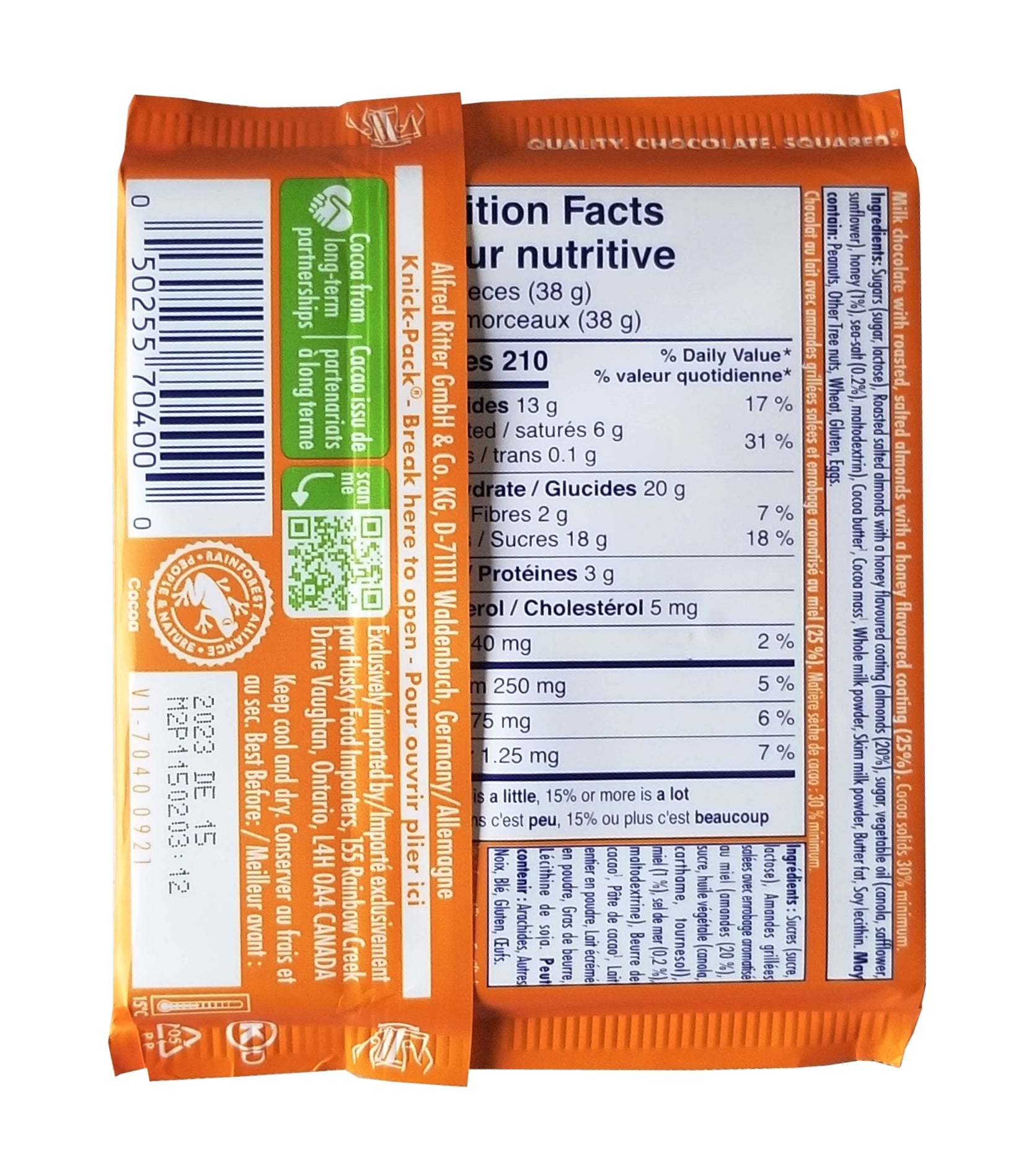 Ritter Sport Nut Selection Milk Chocolate Honey Sea-Salt Almonds Bar, 100g/3.5 oz. Bar Back Side